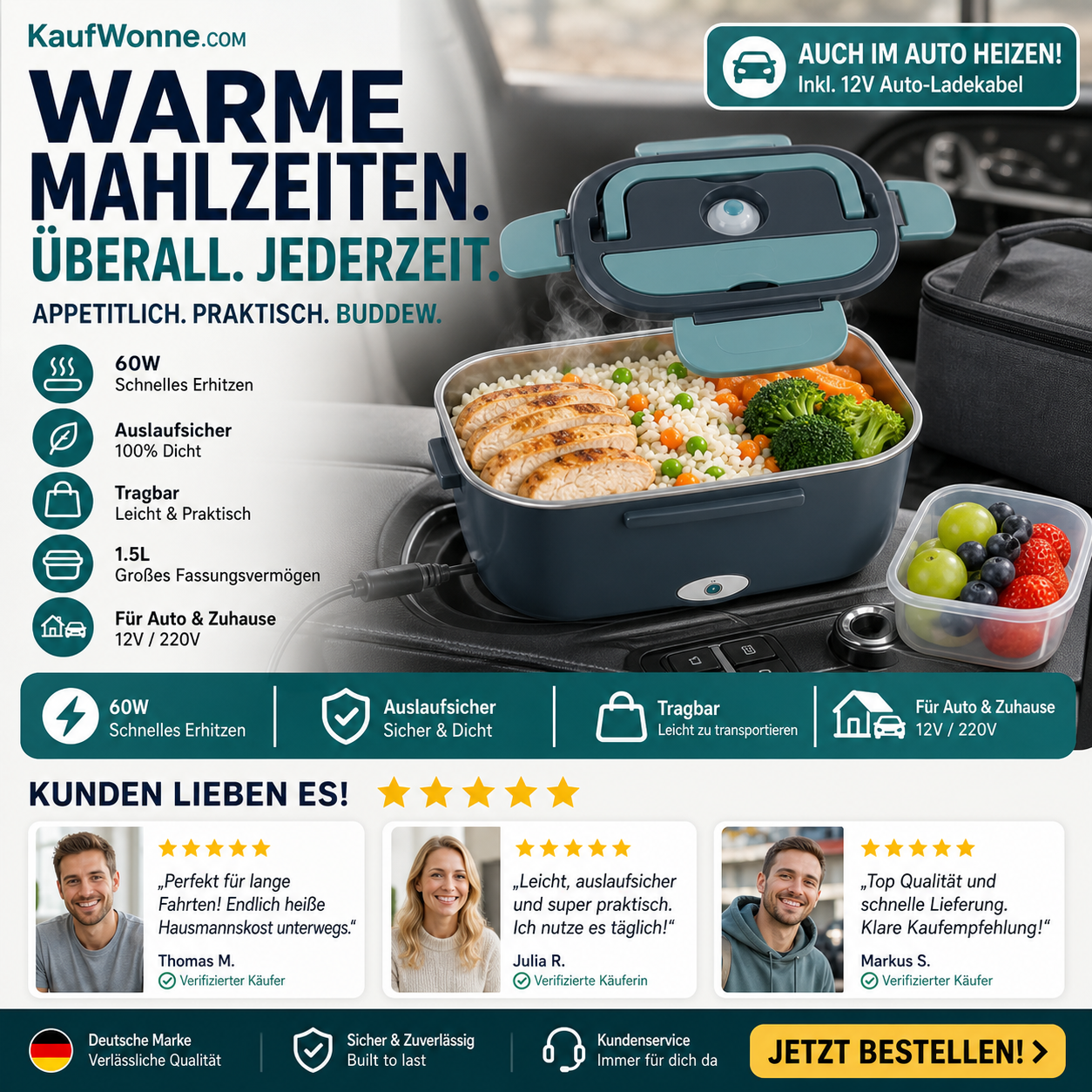 🍱 50% RABATT! 🔥 Tragbare Heiz-Lunchbox mit Edelstahl-Einsatz – Trockene Erwärmung, 12V/220V & doppelte Spannung – Ideal für Auto, Büro & Reisen ⚡