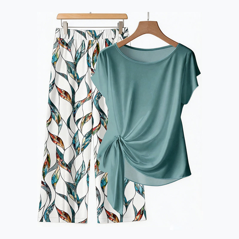 ⏰ 50 % RABATT – Nur für kurze Zeit ✨ Damen-Set: Oberteil mit seitlicher Bindung & stylische gemusterte Hose ✨ Sommerlook, bequem & modern 👗
