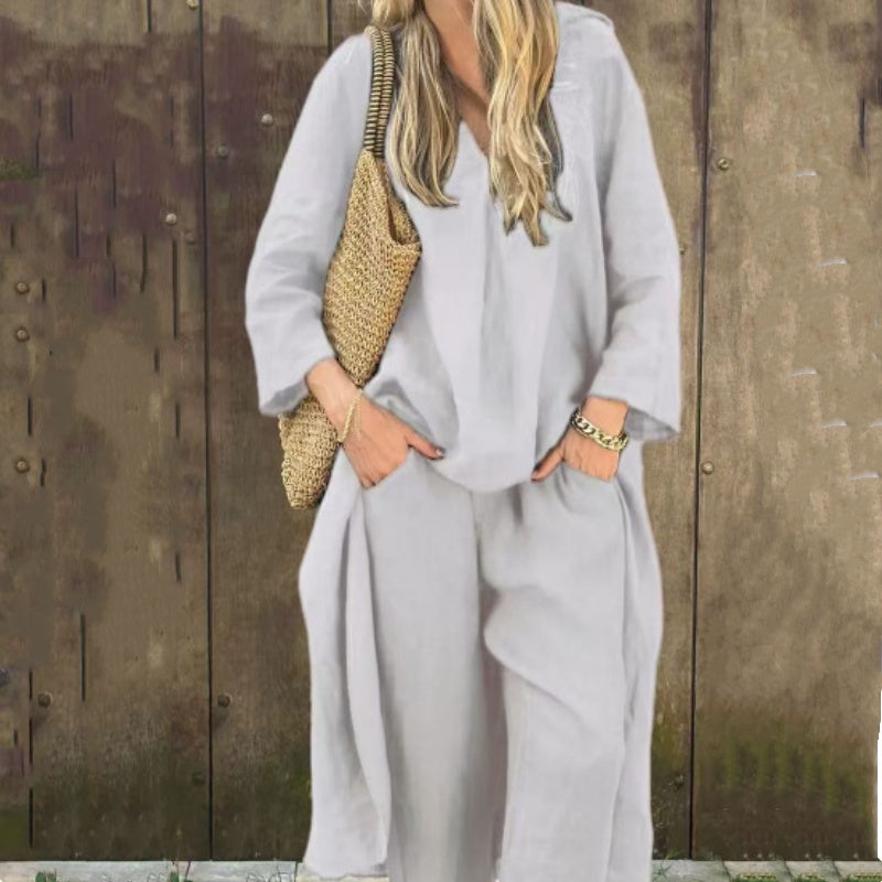 Sommerliches, lockeres Damen 2-teiliges Set: Oberteil mit Tasche und V-Ausschnitt & passende Hose