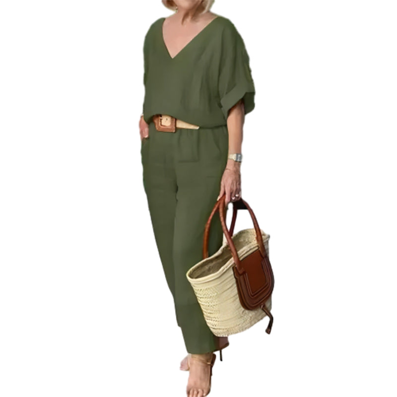 2-teiliges Set: lockeres Oberteil mit V-Ausschnitt und Hose mit Taschen