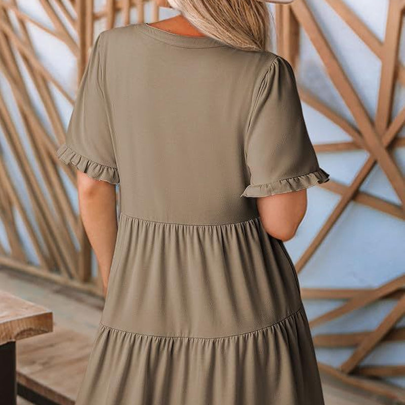 🌸2026 Zeitlich begrenzter Verkauf – 50 % Rabatt🌸Damen-Stufenkleid mit Rüschenbesatz und V-Ausschnitt👚