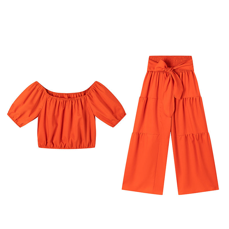 👚 50% RABATT! 👑 Damen Zweiteiliges Set – Schulterfreies Oberteil mit Puffärmeln & Weitbeinhose, Elegant & Perfekt für Sommer 🌸