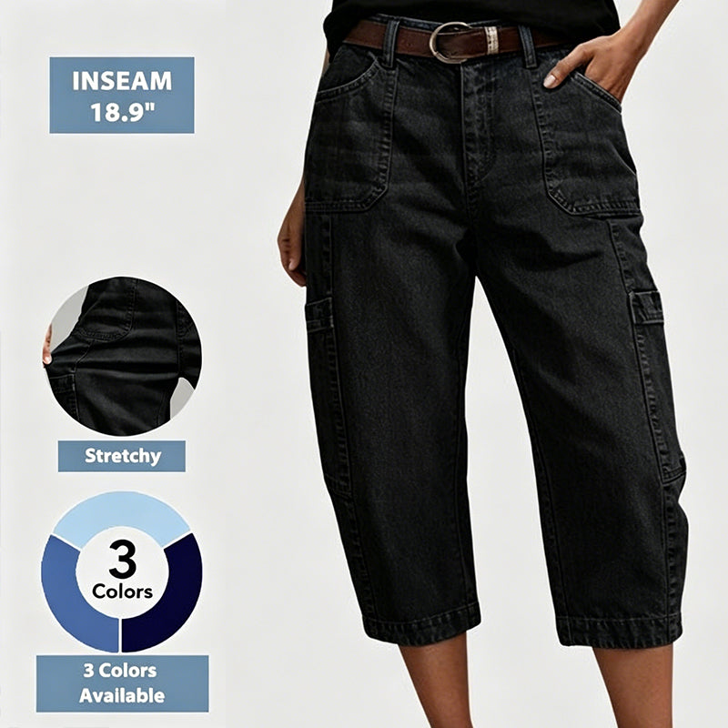 đ„ Letzter Tag! 50% Rabatt Damen 3/4 Cargo Jeans âš LĂ€ssige elastische verkĂŒrzte Jeans fĂŒr Alltag & Freizeit