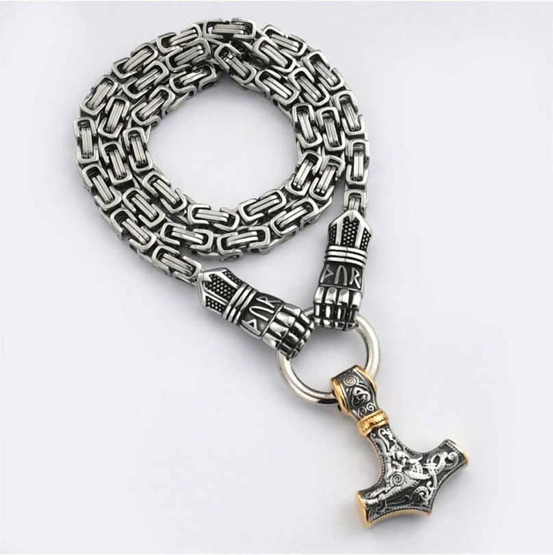 🔥 50% RABATT | Wikinger Thor Hammer Halskette – Edelstahl Byzantinische Kette | Silber & Gold | 60–70 cm ⚡