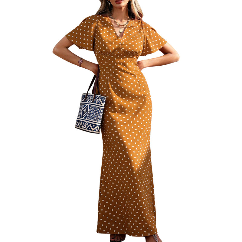 👗 ZEITLICH BEGRENZTER 50% RABATT! ✨ Damen V-Ausschnitt Gepunktetes Maxikleid – Flatterärmel, Figurbetonend, Atmungsaktiv 🎀