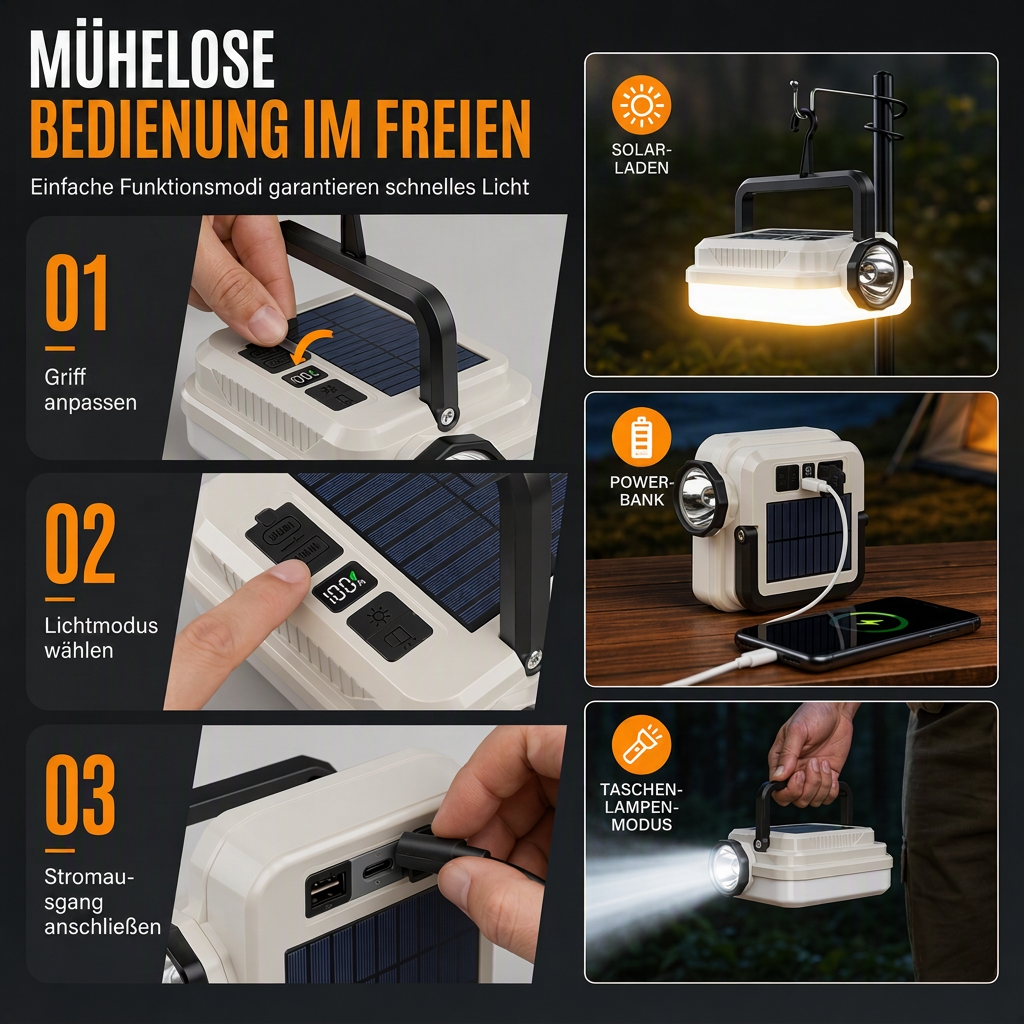 📢📢50% RABATT !!⏰Solar wiederaufladbare LED-Campinglampe, multifunktionale Handarbeitsleuchte mit langer Akkulaufzeit für Outdoor-Notfälle