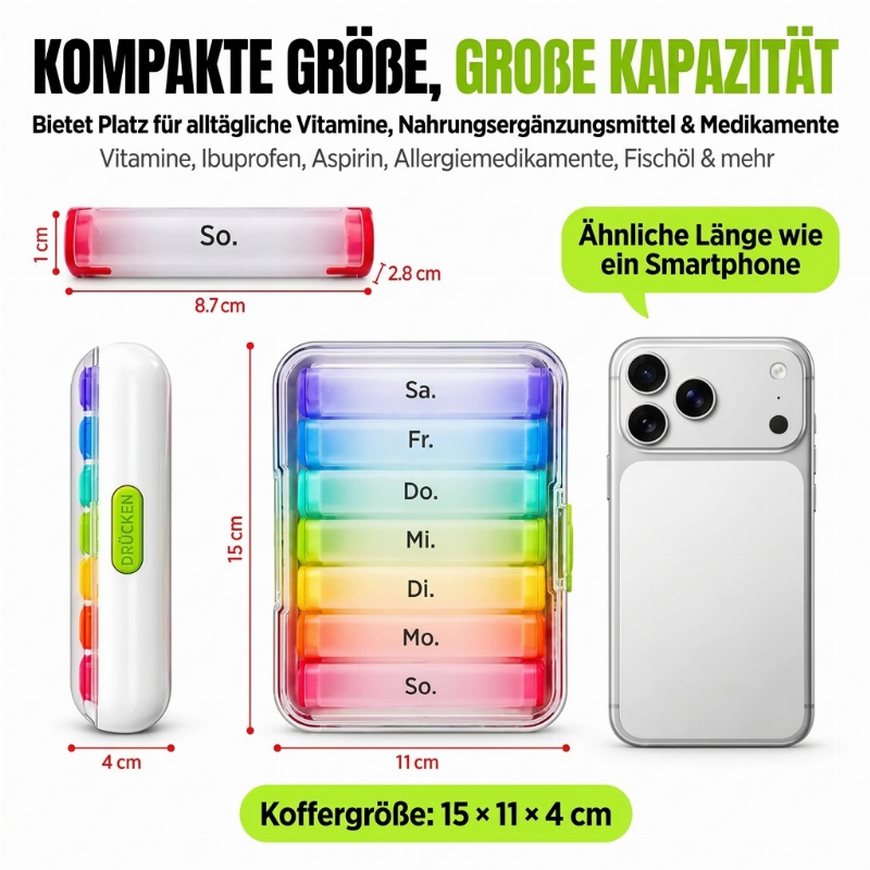 đ NUR FĂR KURZE ZEIT 50% RABATT âš 7-TAGE-TRENNBARE PILLENBOX â FARBKODIERT & TRAGBAR đ