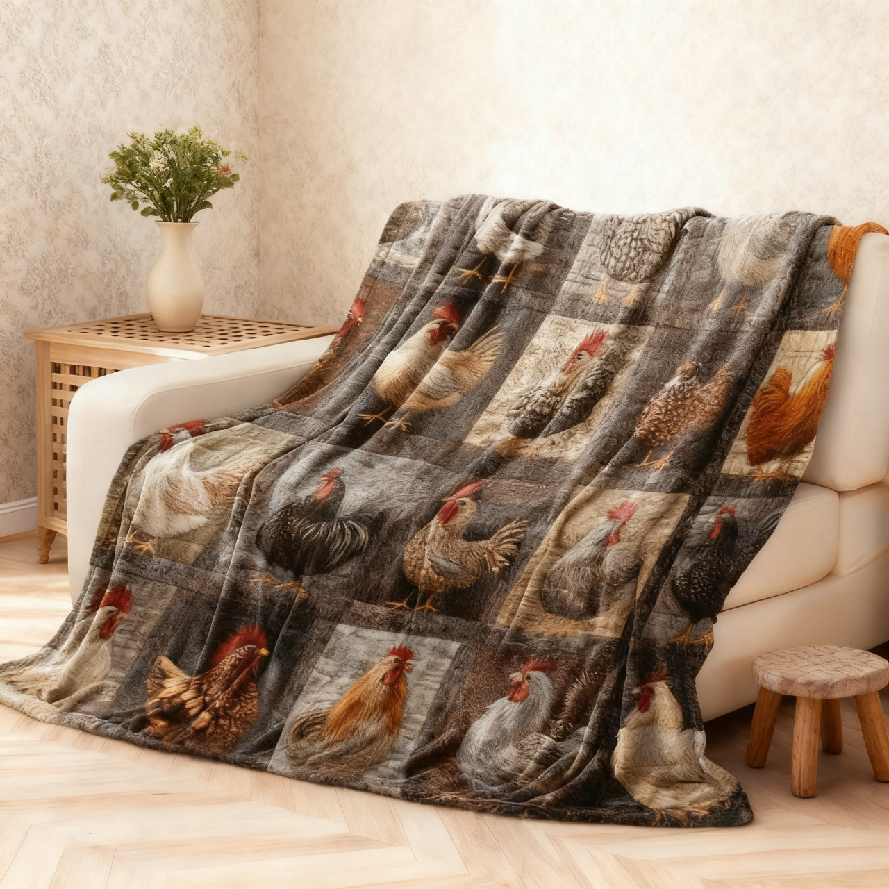 🐔 50% RABATT! 🛋️ Vintage Flanelldecke mit Hühnermuster – Weich, kuschelig & charmant – Ideal für Sofa, Bett & gemütliche Stunden ✨