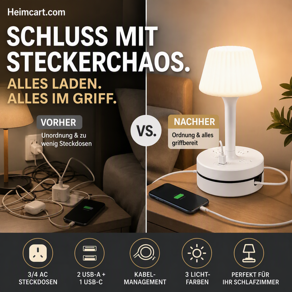 📢📢 50 % Rabatt!! ⏰💡 Nachttischlampe mit Steckdosen und USB-Anschlüssen