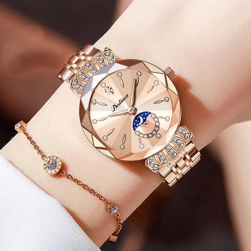 📢📢50 % RABATT !! ⏰Modische Damenuhr mit synthetischem Diamant und Mond, Sternmuster