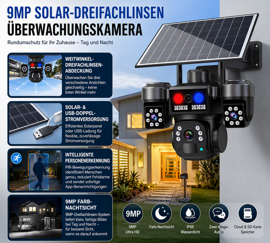 🔋 50 % Rabatt – Kabellose Solar-Überwachungskamera – 3 Linsen, 3 Bilder gleichzeitig, Nachtsicht, IP66 – perfekt für Haus, Hof & Grundstück ☀️