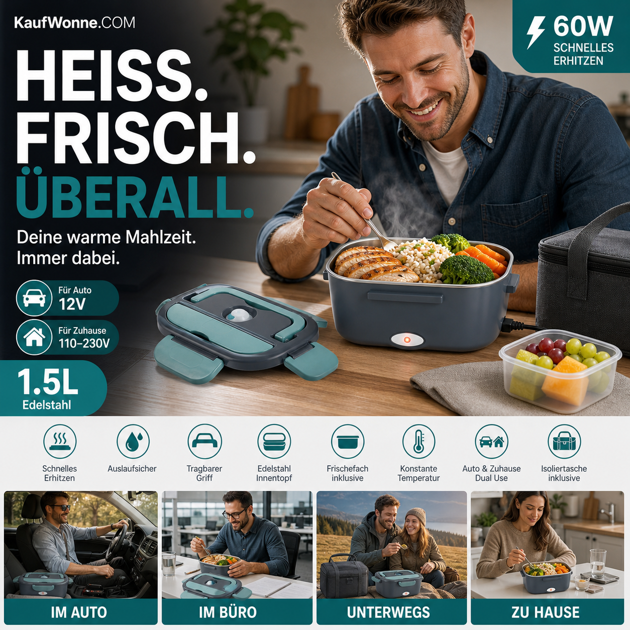 🍱 50% RABATT! 🔥 Tragbare Heiz-Lunchbox mit Edelstahl-Einsatz – Trockene Erwärmung, 12V/220V & doppelte Spannung – Ideal für Auto, Büro & Reisen ⚡