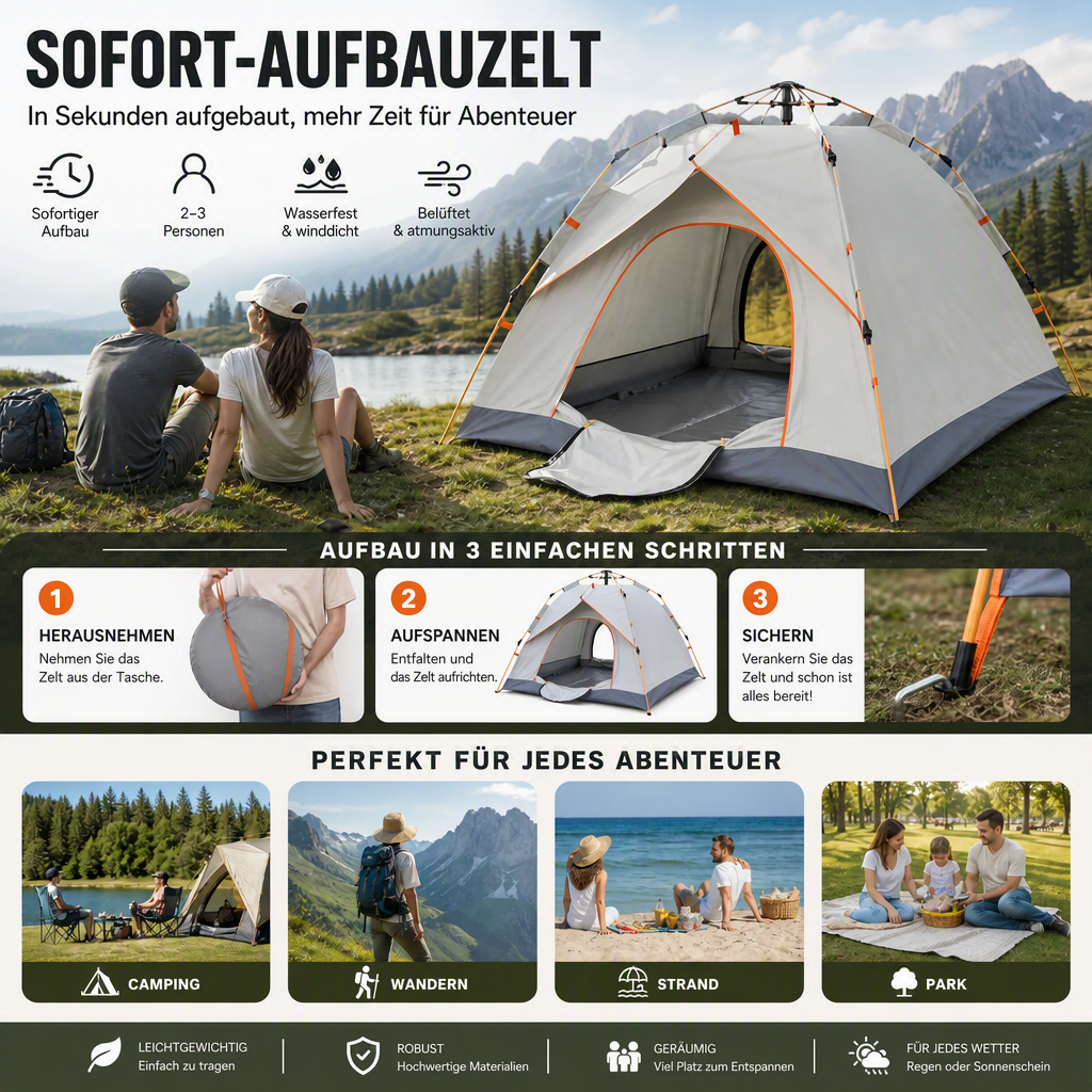 🥳HEISSER SALE 2026🥳💞50.000+ VERKAUFT!👵❤️Sonderangebot – Automatisches, schnell aufzubauendes, regensicheres Campingzelt-Set