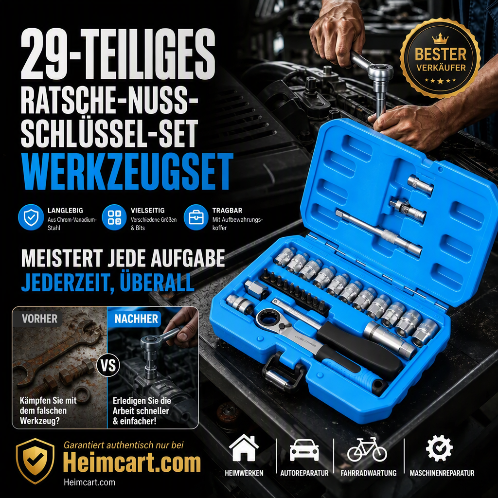 📢📢50% RABATT !!⏰29-teiliges Ratschen-Steckschlüssel-Set – Chrom-Vanadium-Stahl, 11 Stecknüsse & 10 Bits. Perfekt für Autoreparaturen & DIY 🛠️✨