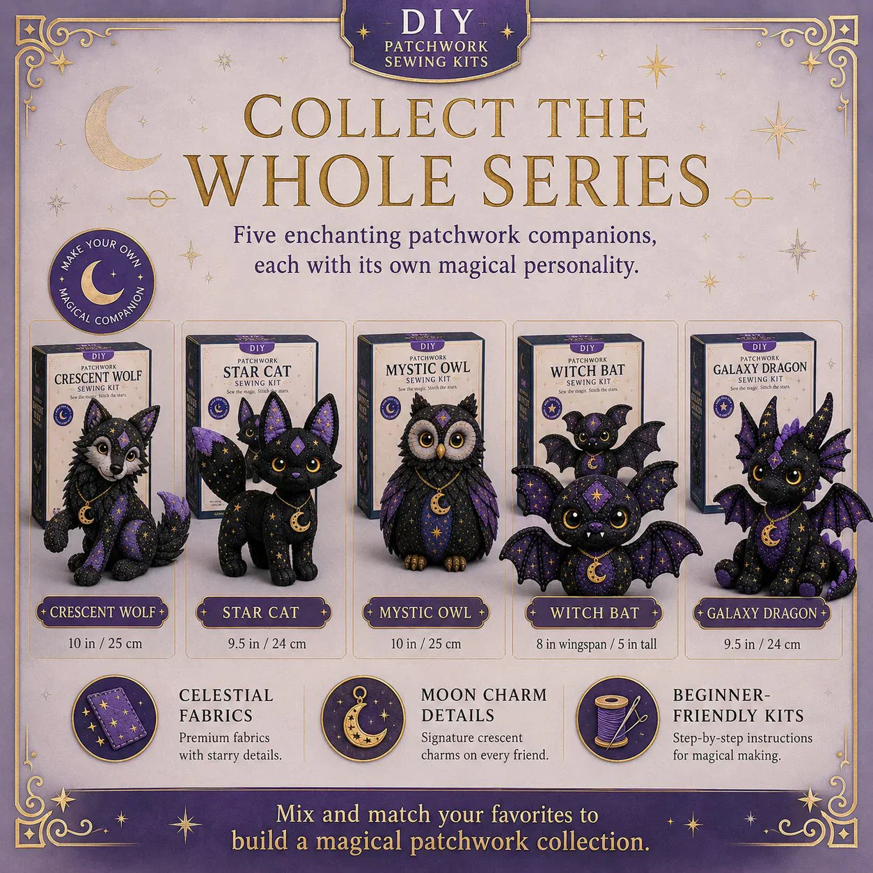 🤩2026 NEU EINGETROFFEN🔥Nähset für Anfänger: Mystische Patchwork-Tiere 🌙 – DIY-Plüsch-Bastelset mit Sternenstoff & Mondanhänger 🧵✨