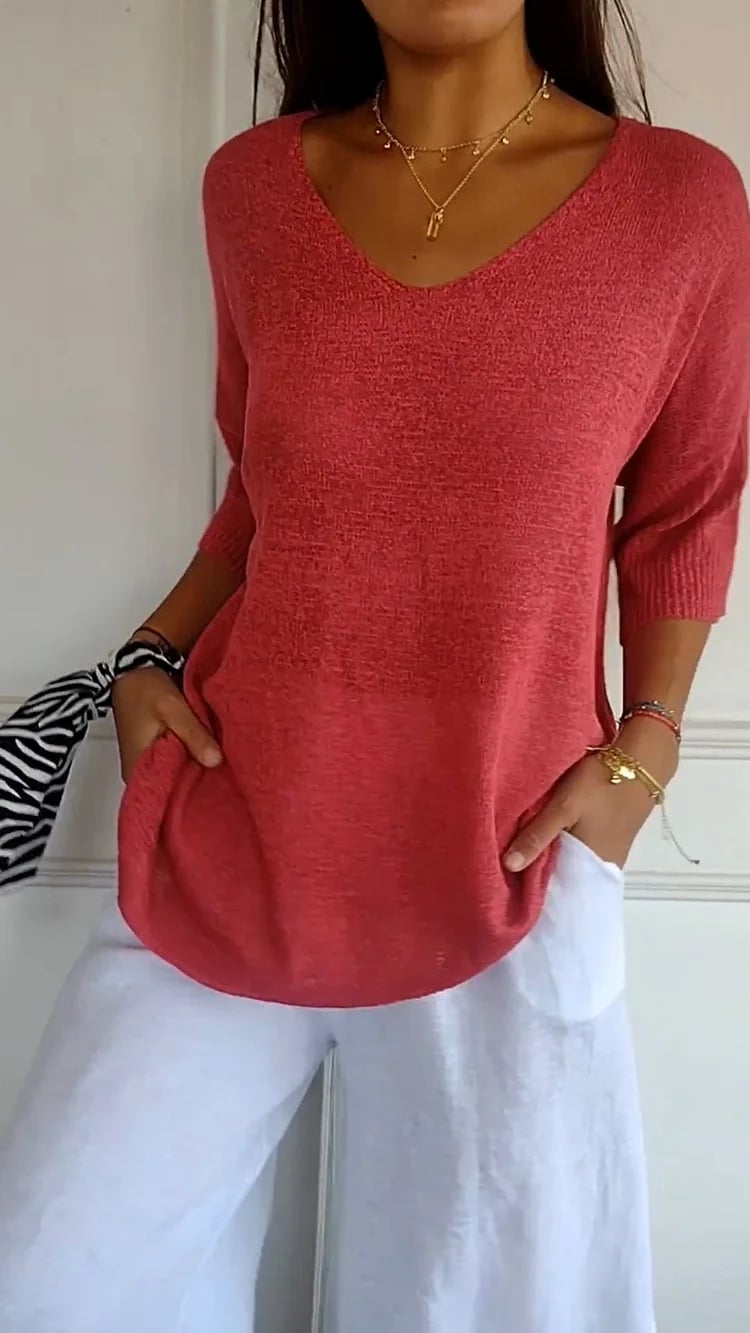 📢📢50 % Rabatt!! ⏰ Unifarbenes gestricktes Top mit V-Ausschnitt