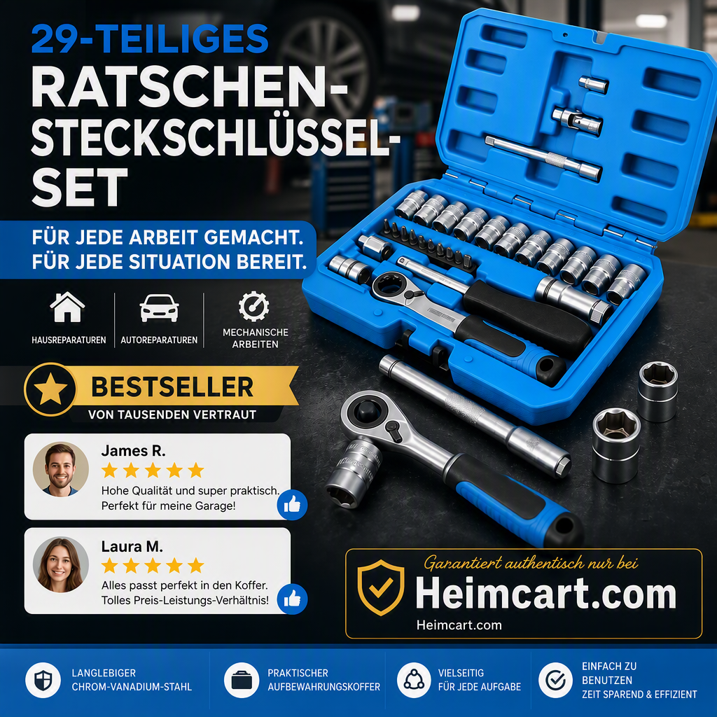 📢📢50% RABATT !!⏰29-teiliges Ratschen-Steckschlüssel-Set – Chrom-Vanadium-Stahl, 11 Stecknüsse & 10 Bits. Perfekt für Autoreparaturen & DIY 🛠️✨