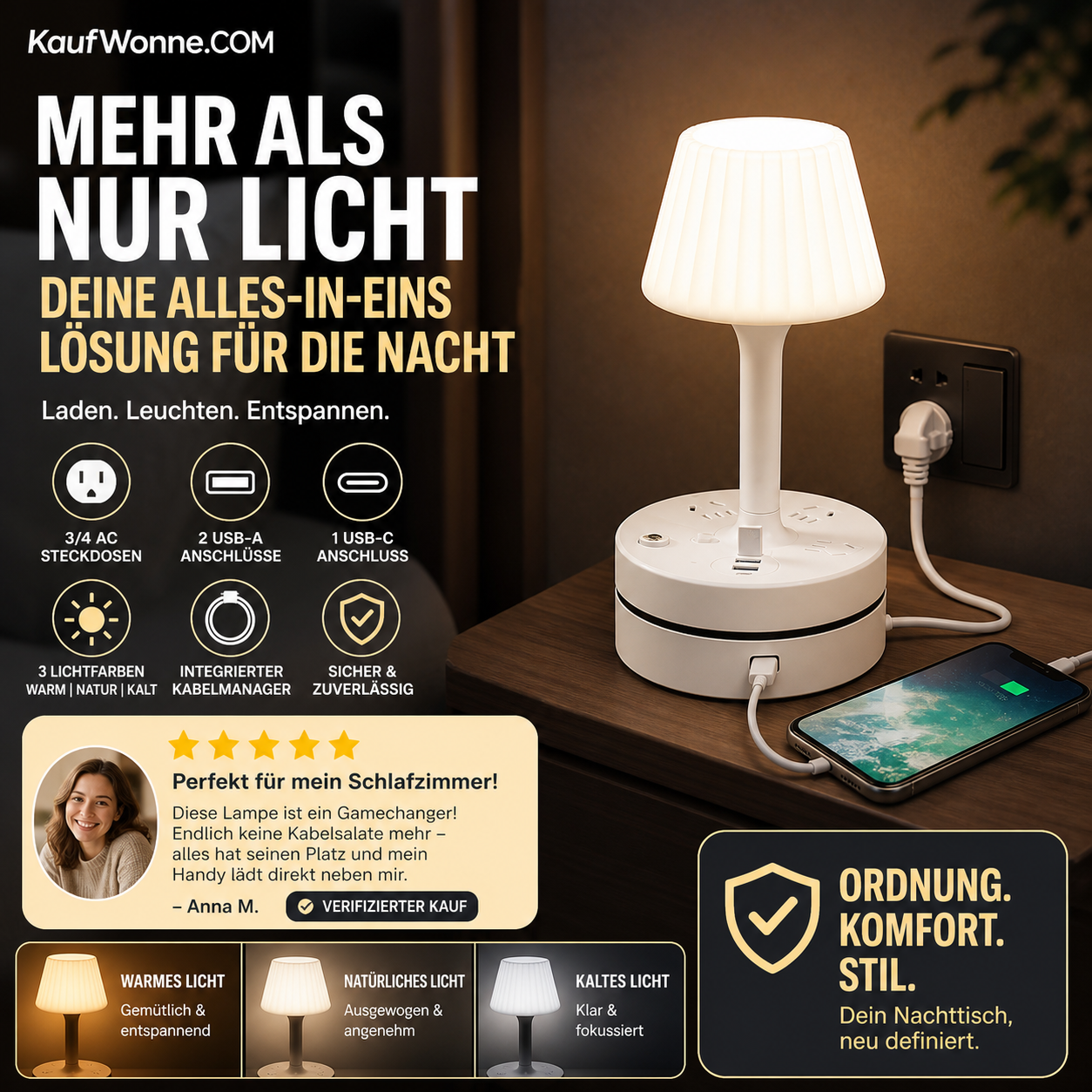 📢📢 50 % Rabatt!! ⏰💡 Nachttischlampe mit Steckdosen und USB-Anschlüssen