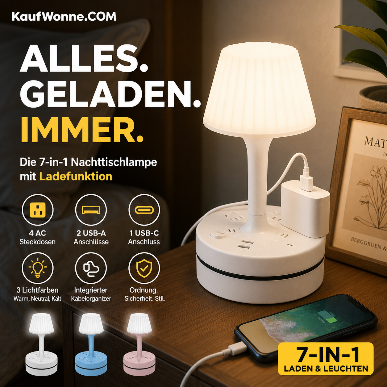 📢📢 50 % Rabatt!! ⏰💡 Nachttischlampe mit Steckdosen und USB-Anschlüssen