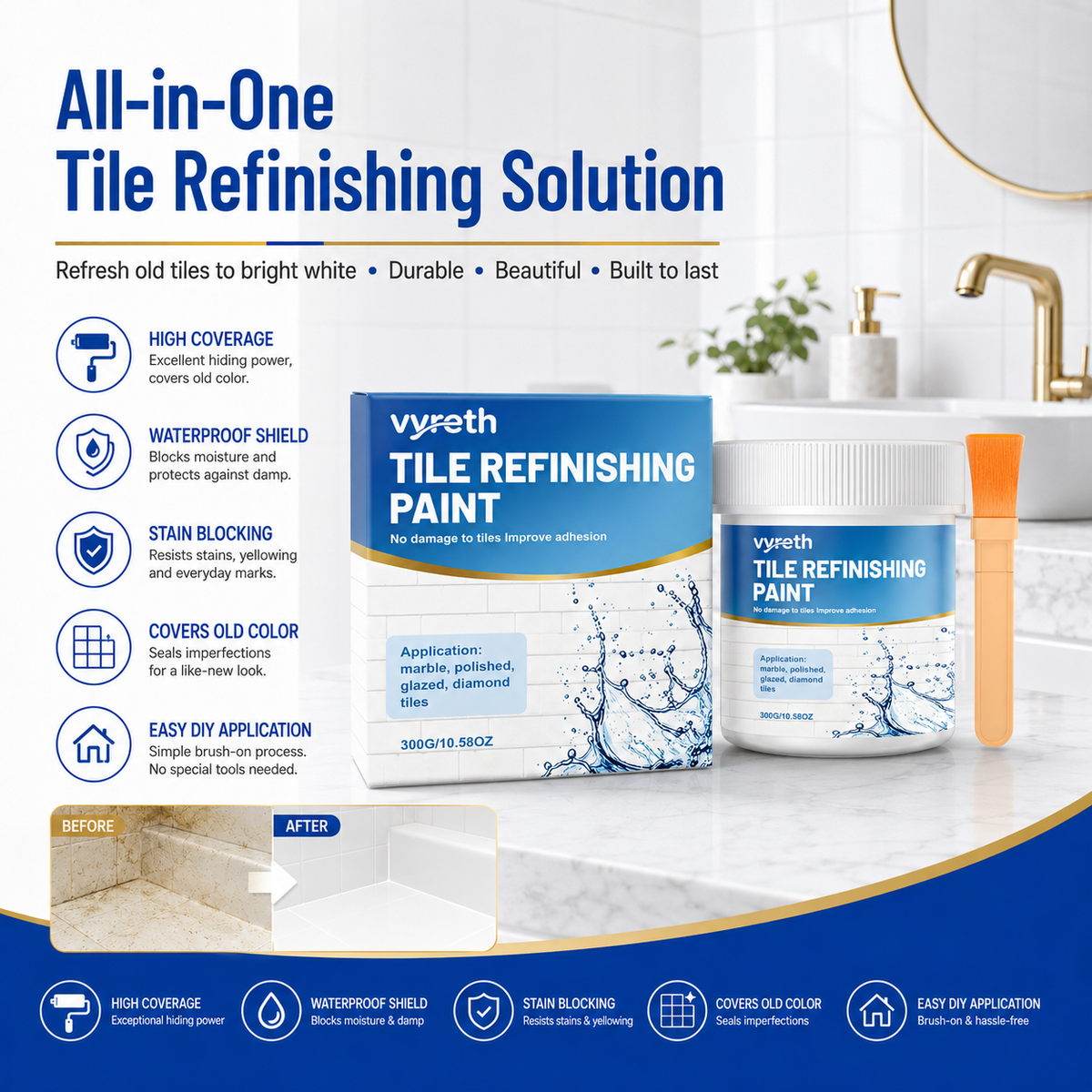 📢📢Kaufe 1，erhalte 1 gratis !!⏰Alte Fliesen? Vergilbtes Waschbecken? – Weiße Fliesen-Renovierungsfarbe – wasserdicht & fleckenblockierend – DIY-Beschichtung für Fliesen, Waschbecken & Toiletten – einfach streichen & wie neu ✨