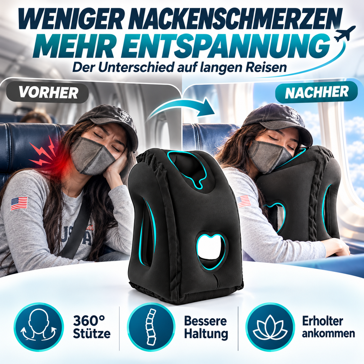 🔥50 % RABATT🌬️✈️😴 Tragbares, aufblasbares, ergonomisches Reisekissen: Genießen Sie jederzeit und überall einen angenehmen Schlaf 🧳💤