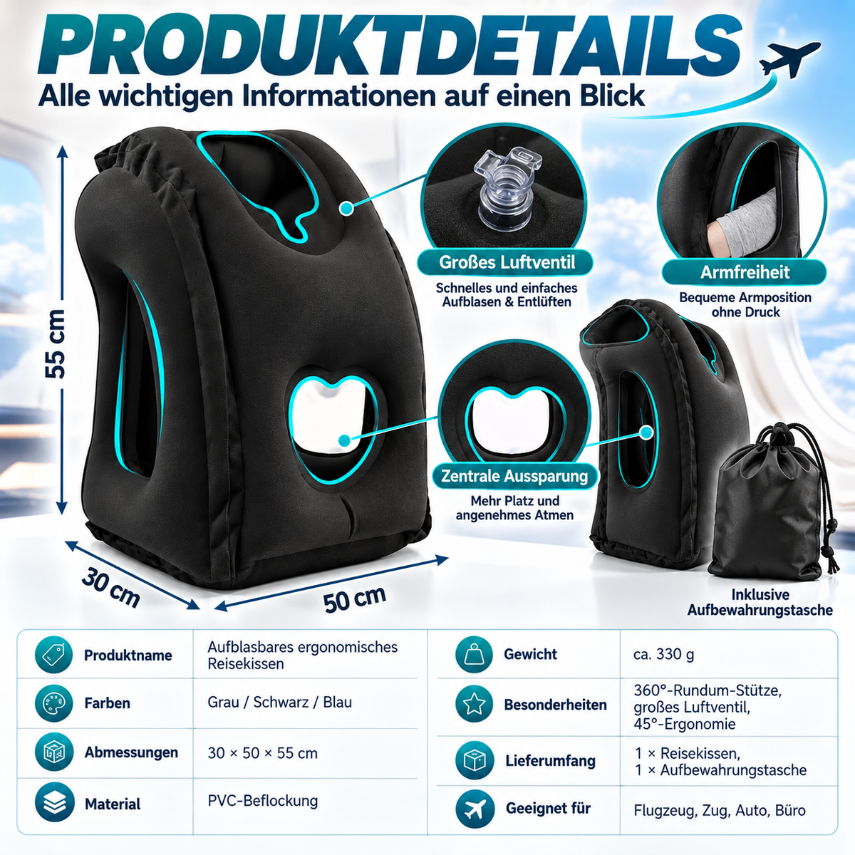 🔥50 % RABATT🌬️✈️😴 Tragbares, aufblasbares, ergonomisches Reisekissen: Genießen Sie jederzeit und überall einen angenehmen Schlaf 🧳💤