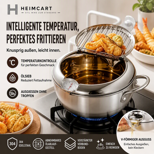 🍤 Nur für kurze Zeit: 50 % Rabatt! ⚡ Tempura-Fritteuse aus Edelstahl 201 – mit Thermometer, Abtropfgitter und tiefem Korpus ✨