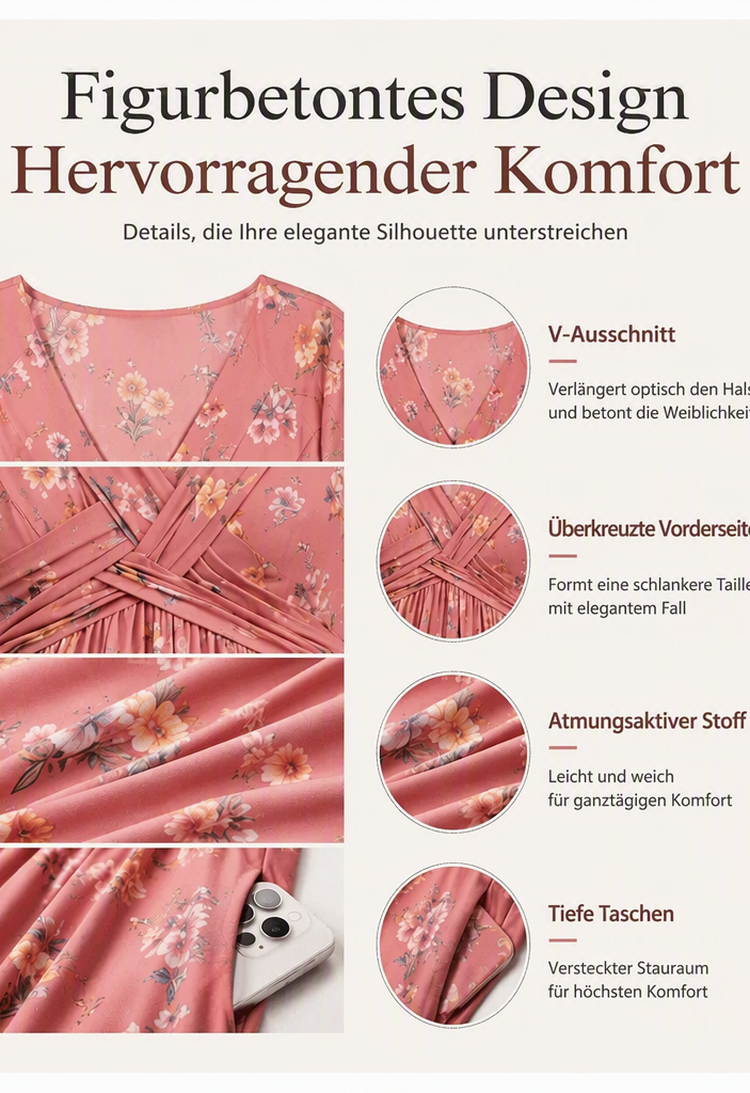 🌸🔥50% RABATT!🔥🔥Blumiges V-Ausschnitt-Kleid mit Taillendrehung – elegant und lässig für jeden Anlass