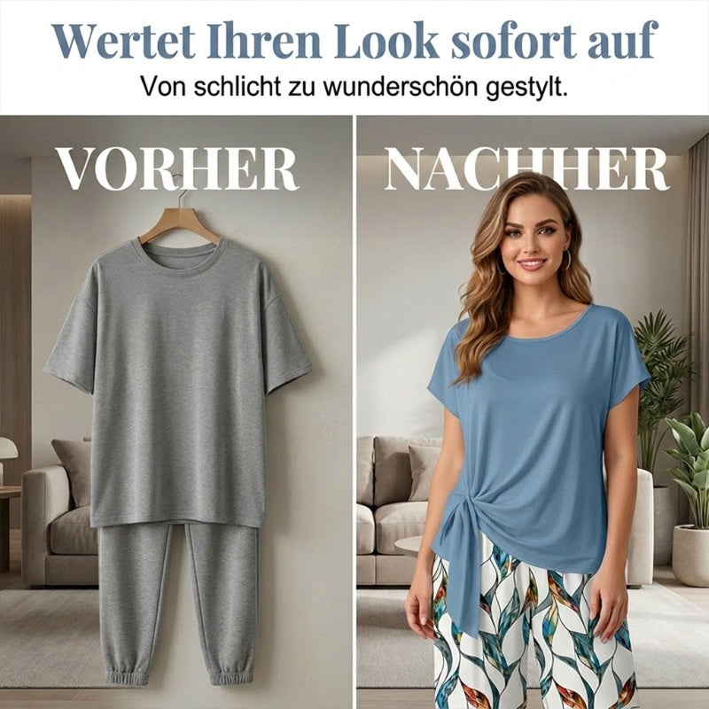 ⏰ 50 % RABATT – Nur für kurze Zeit ✨ Damen-Set: Oberteil mit seitlicher Bindung & stylische gemusterte Hose ✨ Sommerlook, bequem & modern 👗