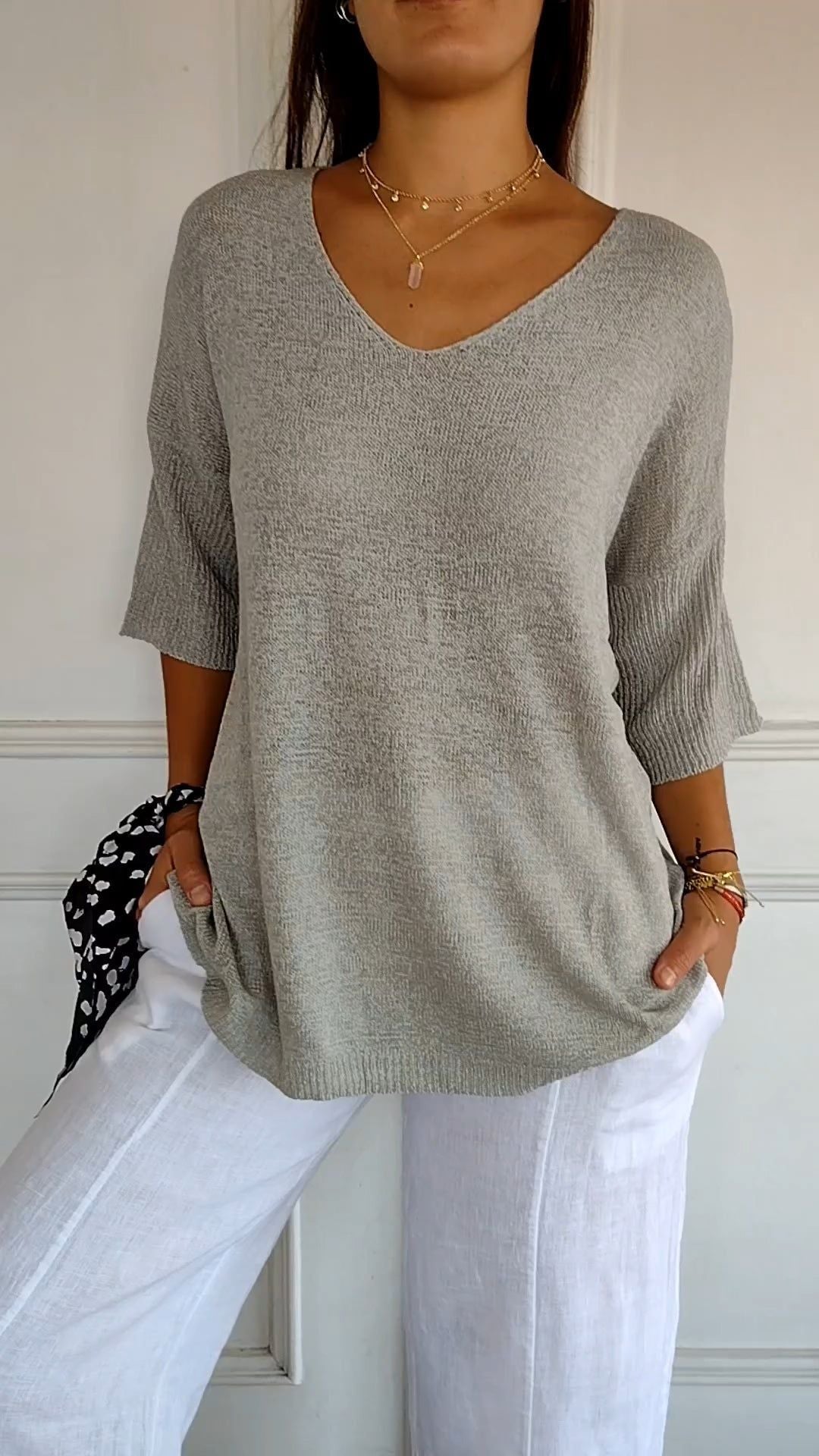 📢📢50 % Rabatt!! ⏰ Unifarbenes gestricktes Top mit V-Ausschnitt