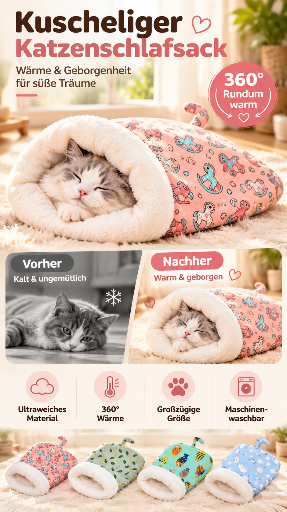 ⏳50% RABATT! 🐱 Flauschiger Katzen-Winterschlafsack – halbgeschlossene Kuschelhöhle mit Cartoon-Muster😴