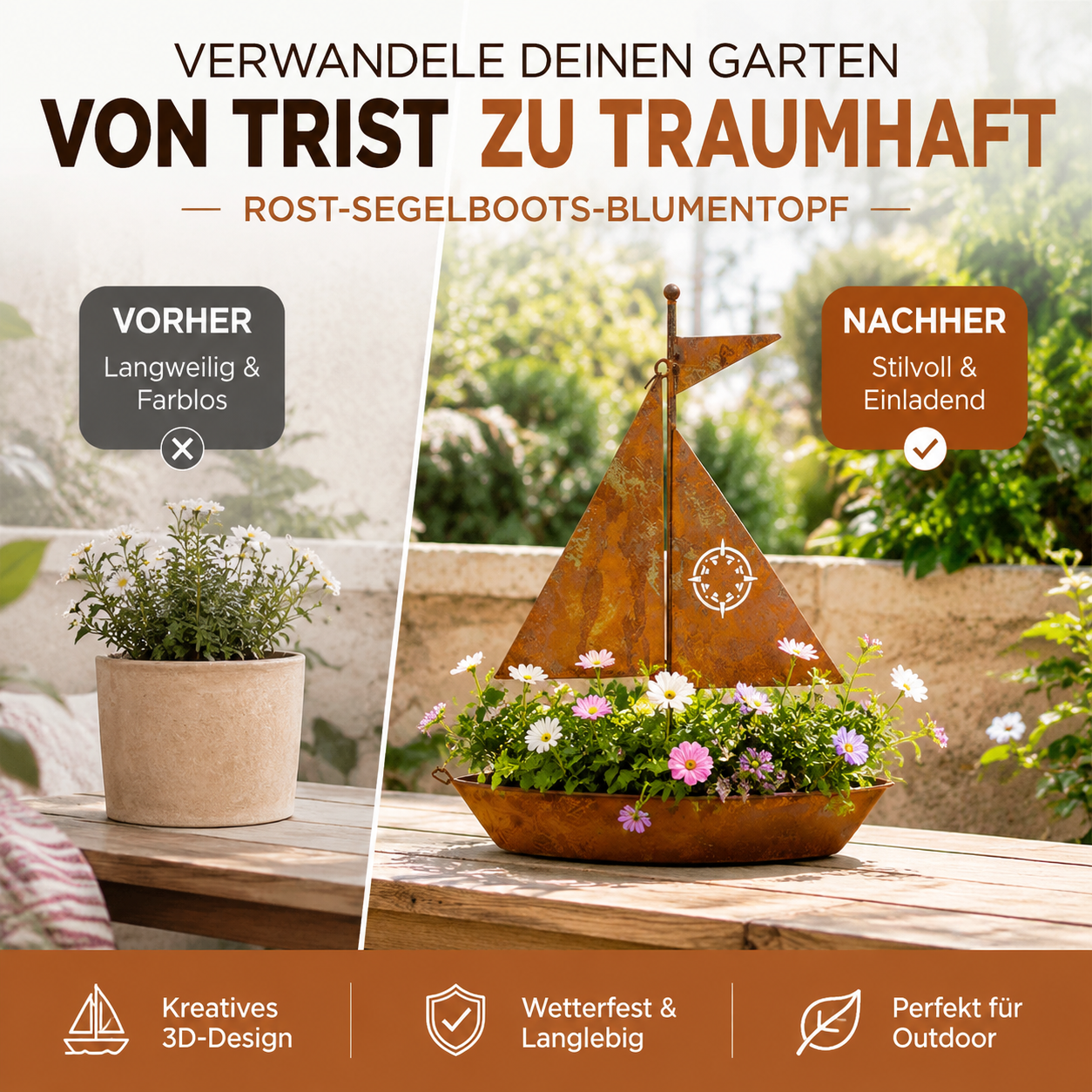 📢📢 50 % Rabatt!! ⏰⛵ Rustikaler Metallpflanzkübel – Segelboot-Design