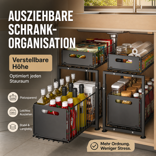 📢📢50 % RABATT !! ⏰Doppelstöckiger Ausziehboden Schrankorganizer – 5 Höhenverstellungen, 2 Ausziehebenen, Kohlenstoffstahl & Große Kapazität – Keine Montage erforderlich ✨