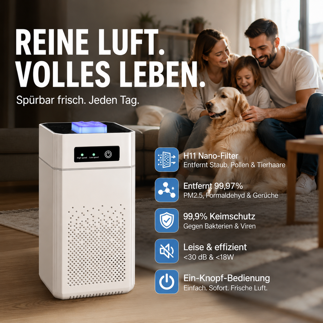 💎 50% RABATT! 💎 Luftreiniger für Zuhause – Fortschrittliche H11-Nanofilter, 99,9% Keimreduktion & Flüsterleise Operation
