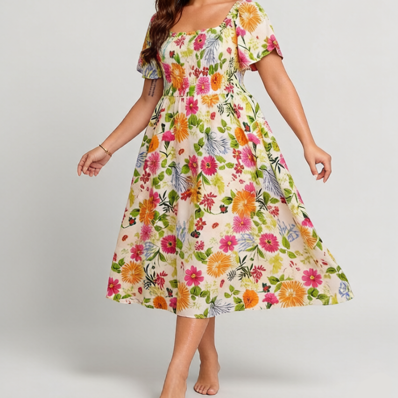 🔥Letzter Tag:50% Rabatt!⏰🌸👗 Blumenkleid mit Raffungen, quadratischem Ausschnitt & Taschen🏖️