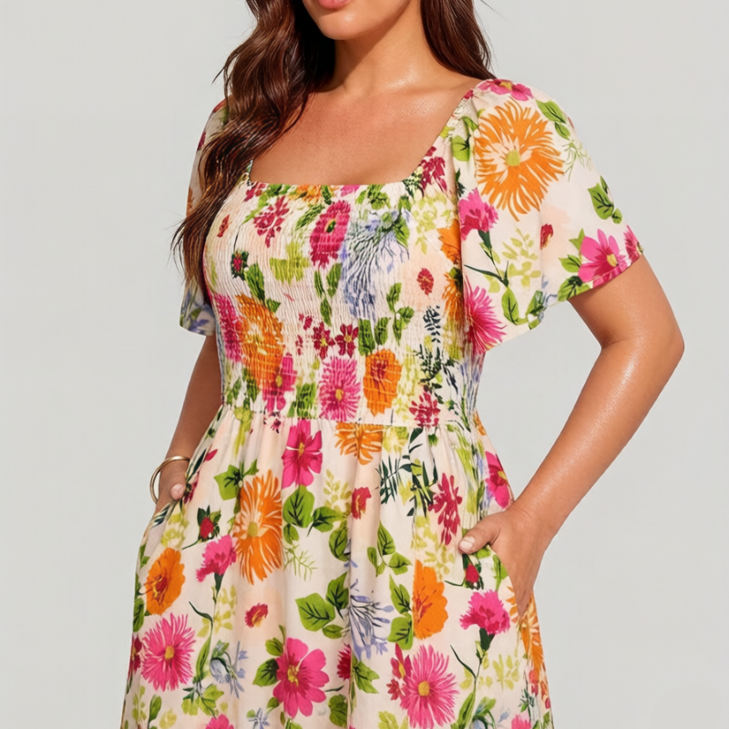 🔥Letzter Tag:50% Rabatt!⏰🌸👗 Blumenkleid mit Raffungen, quadratischem Ausschnitt & Taschen🏖️