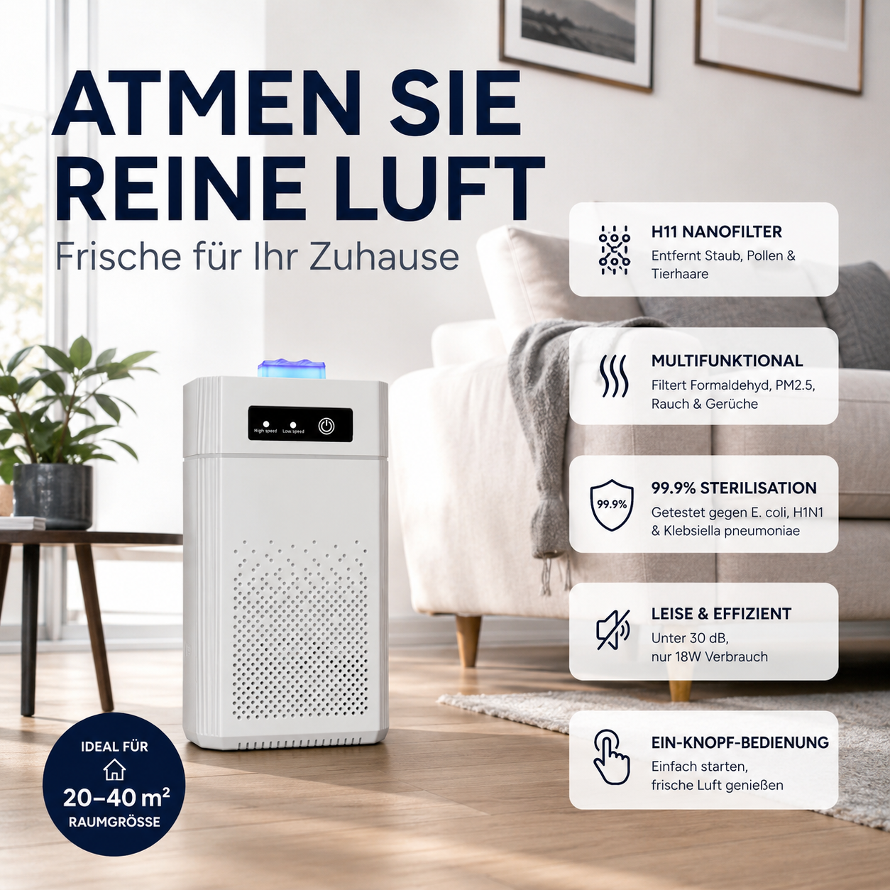 💎 50% RABATT! 💎 Luftreiniger für Zuhause – Fortschrittliche H11-Nanofilter, 99,9% Keimreduktion & Flüsterleise Operation