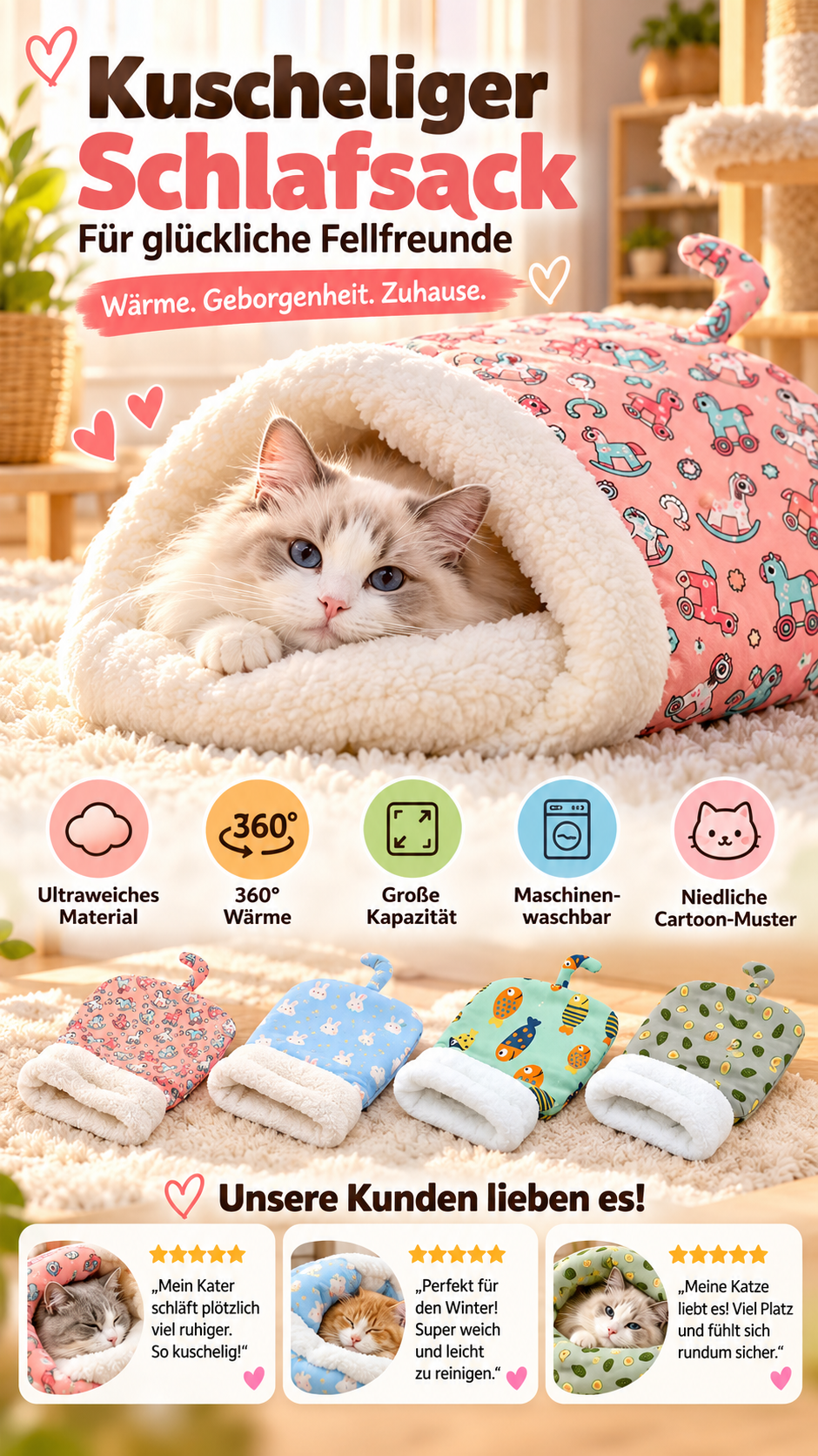 ⏳50% RABATT! 🐱 Flauschiger Katzen-Winterschlafsack – halbgeschlossene Kuschelhöhle mit Cartoon-Muster😴