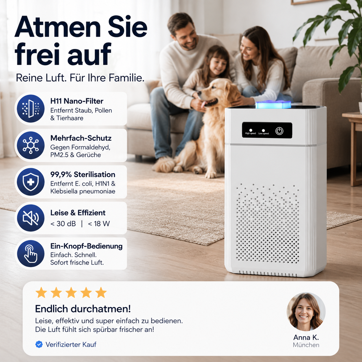 💎 50% RABATT! 💎 Luftreiniger für Zuhause – Fortschrittliche H11-Nanofilter, 99,9% Keimreduktion & Flüsterleise Operation