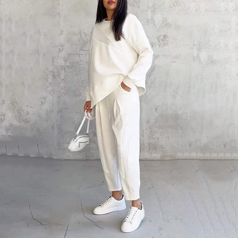 👚 50% RABATT! 💕👖 Damen Langarm-Sweatshirt & Hose Set – Unregelmäßiger Saum, Weiches Material & Bequemer Oversized-Schnitt für Zuhause 🍂