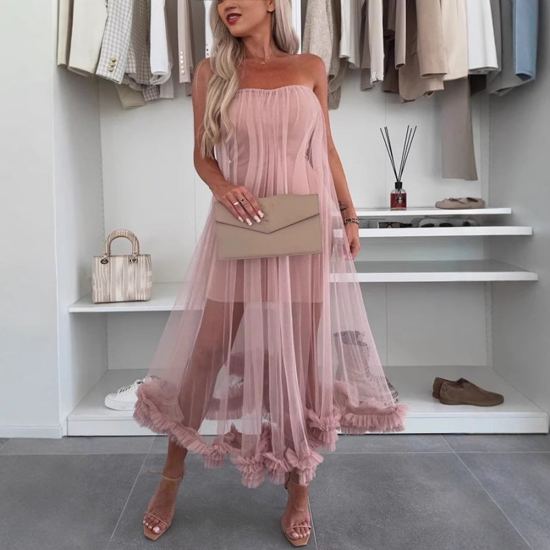 🌸✨Trägerloses Damen-Kleid mit Tüll-Schicht und Rüschenbesatz
