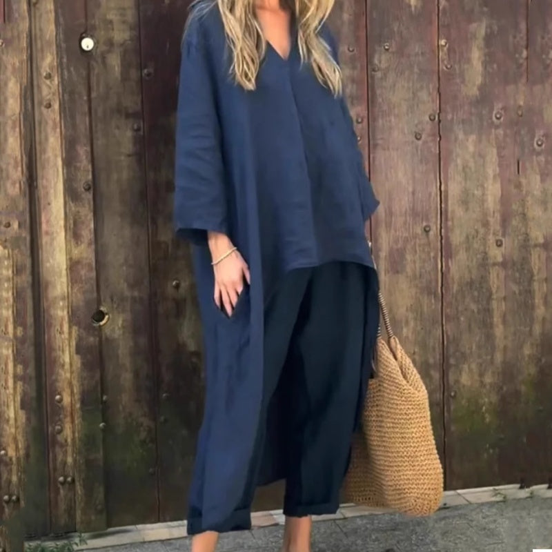 Sommerliches, lockeres Damen 2-teiliges Set: Oberteil mit Tasche und V-Ausschnitt & passende Hose
