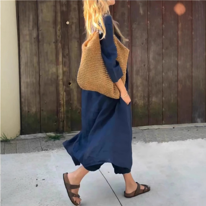 Sommerliches, lockeres Damen 2-teiliges Set: Oberteil mit Tasche und V-Ausschnitt & passende Hose