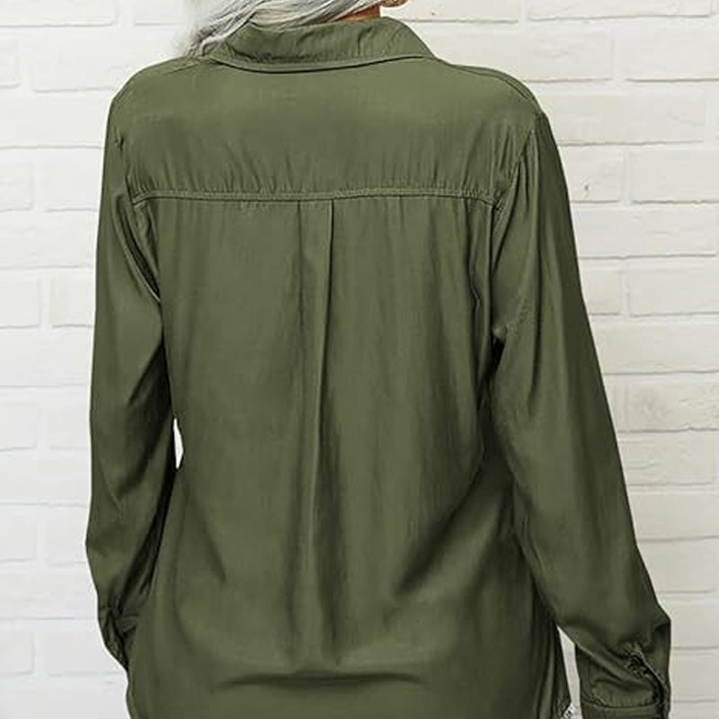 👚🤍 Einfarbiges Damen-Hemd mit Revers, langen Ärmeln & Button-Down-Kragen
