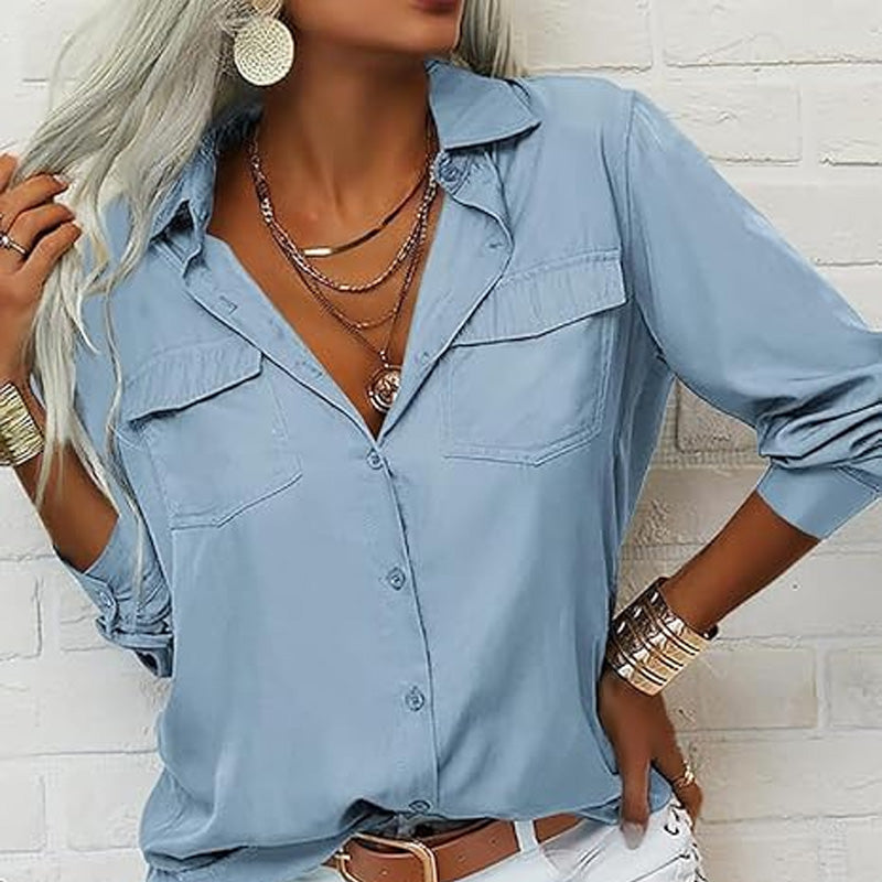 👚🤍 Einfarbiges Damen-Hemd mit Revers, langen Ärmeln & Button-Down-Kragen