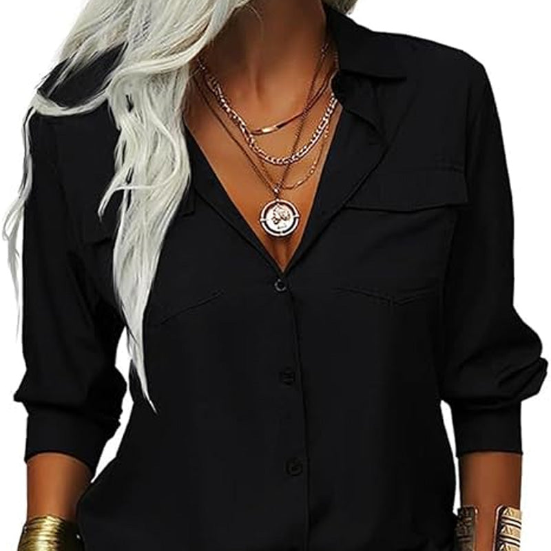 👚🤍 Einfarbiges Damen-Hemd mit Revers, langen Ärmeln & Button-Down-Kragen