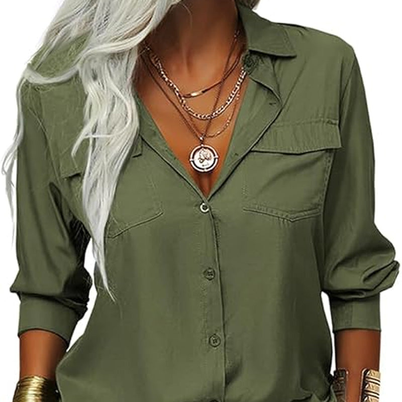 👚🤍 Einfarbiges Damen-Hemd mit Revers, langen Ärmeln & Button-Down-Kragen