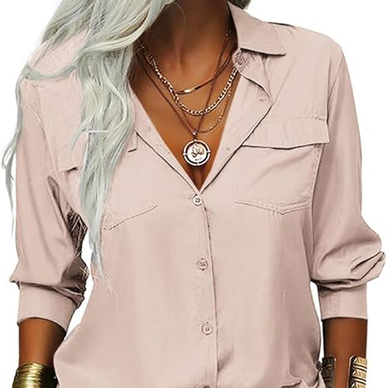 👚🤍 Einfarbiges Damen-Hemd mit Revers, langen Ärmeln & Button-Down-Kragen