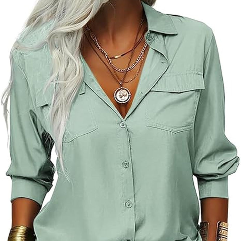 👚🤍 Einfarbiges Damen-Hemd mit Revers, langen Ärmeln & Button-Down-Kragen