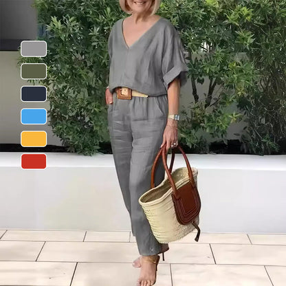 2-teiliges Set: lockeres Oberteil mit V-Ausschnitt und Hose mit Taschen